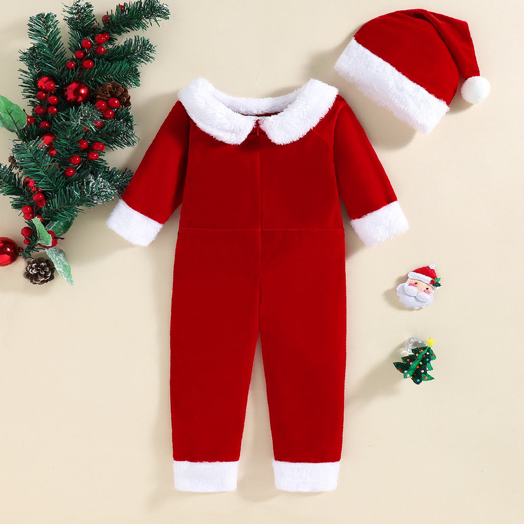 Baby Boys Solid Color Christmas Plush Neckline Long-sleeved Jumpsuit - PrettyKid