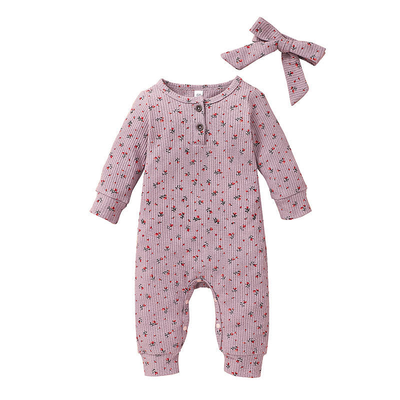 Baby Girls Solid Color Lovely Flower Print Long Sleeve Jumpsuit - PrettyKid