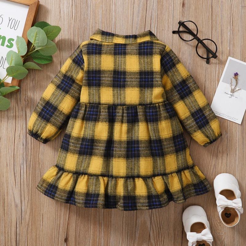 Toddler Kids Girls Yellow Plaid Long Sleeve Lovely Dress - PrettyKid