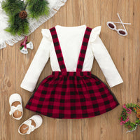 Christmas Dress Long Sleeve Strap Red Plaid Elk Skirt Set - PrettyKid