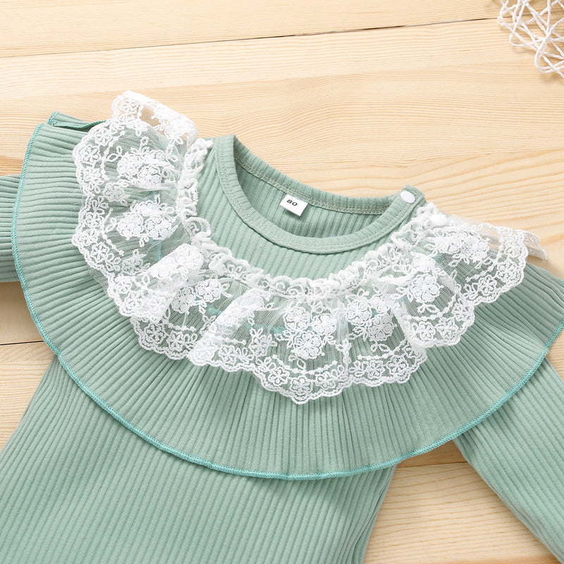 Baby Girls Lace Flounce Collar Lace Long Sleeve Jumpsuit Hair Band Set - PrettyKid