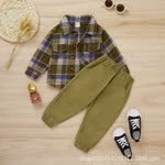 Toddler Boys Flannelette Thickened Green Plaid Shirt Solid Trousers Set - PrettyKid