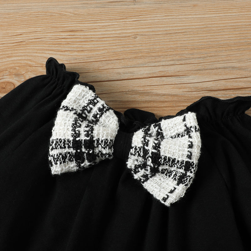 Toddler Kids Girls Solid Color Large Neckline Long Sleeve Top Plaid Print Skirt Set - PrettyKid