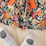 Toddler Kids Girls Orange Suspender Top Flower Print Skirt Set - PrettyKid