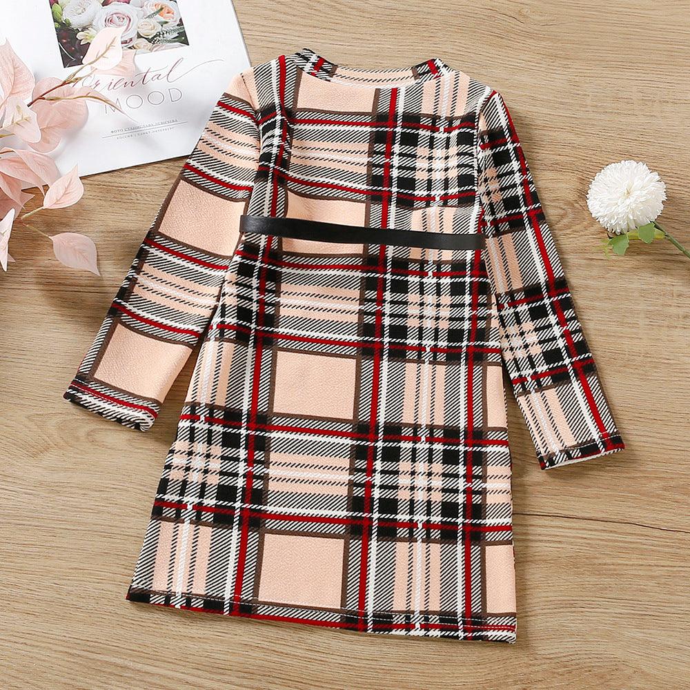 Autumn Children Girls Plaid Long Sleeve Dress with Belt - PrettyKid