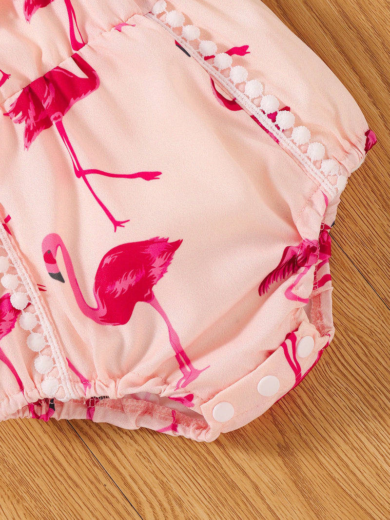Baby Girls' Lotus Collar Flamingo Print Jumpsuit - PrettyKid