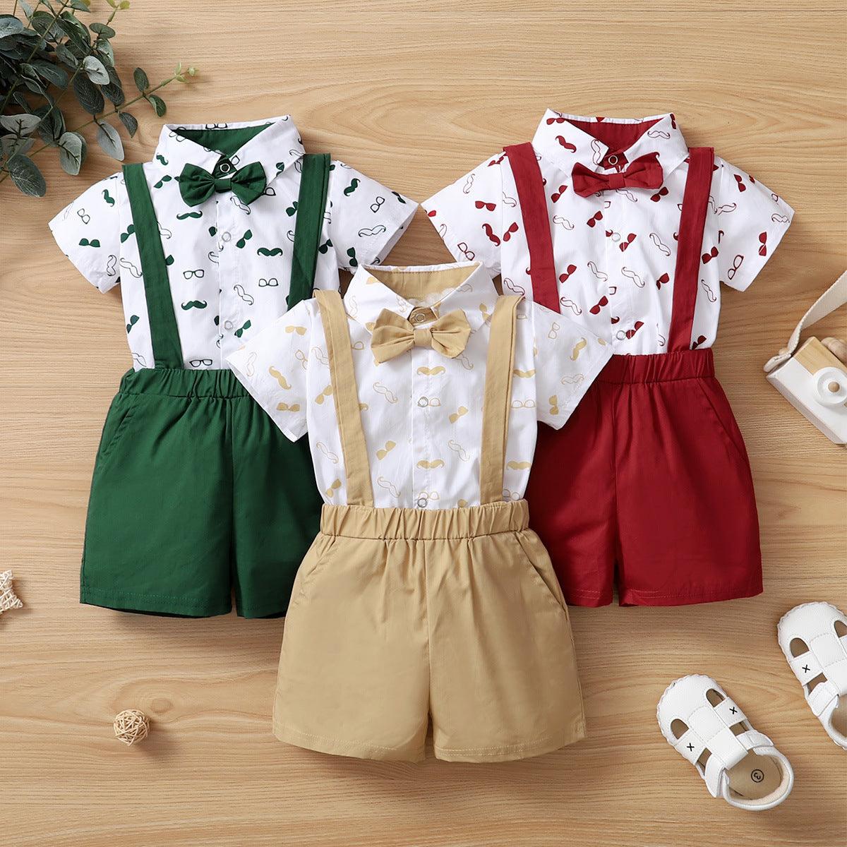 Baby Boys Cartoon Beard Printed Short-sleeved Shirt Solid Color Backpack Pants Bow Tie Set - PrettyKid