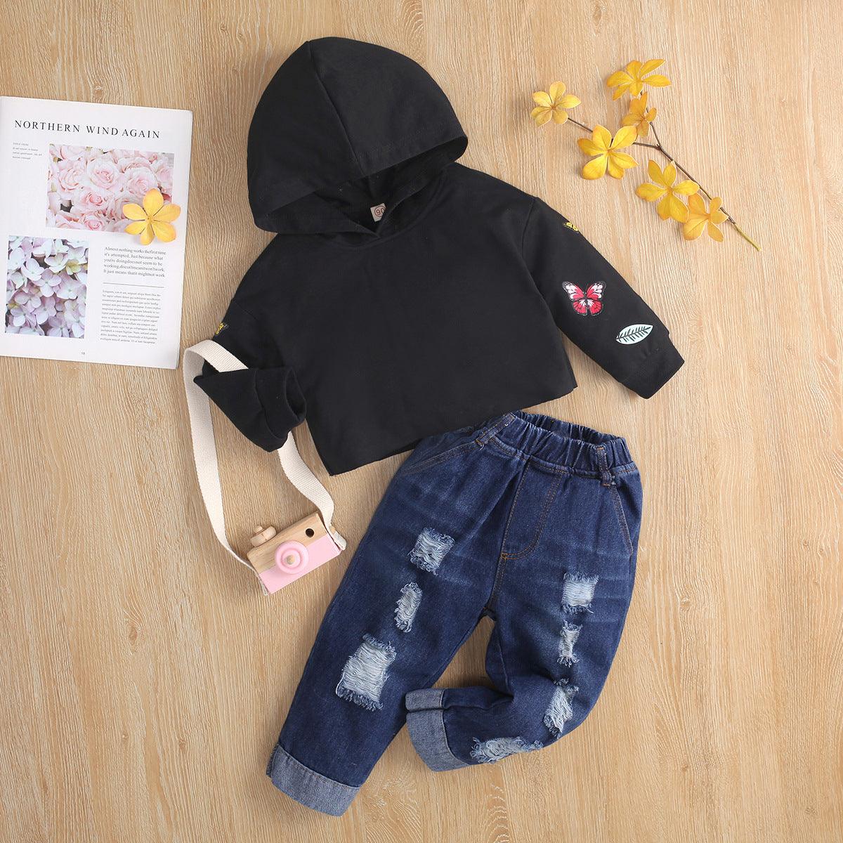 Toddler Kids Girls Long Sleeve Printed Hoodie with Holes Jeans Pants Set - PrettyKid