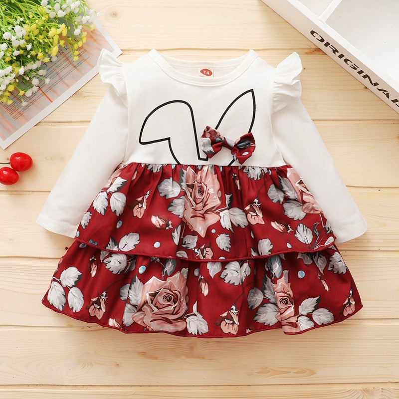 Toddler Girls Lovely Rabbit Ear Flower Print Long Sleeve Dress - PrettyKid
