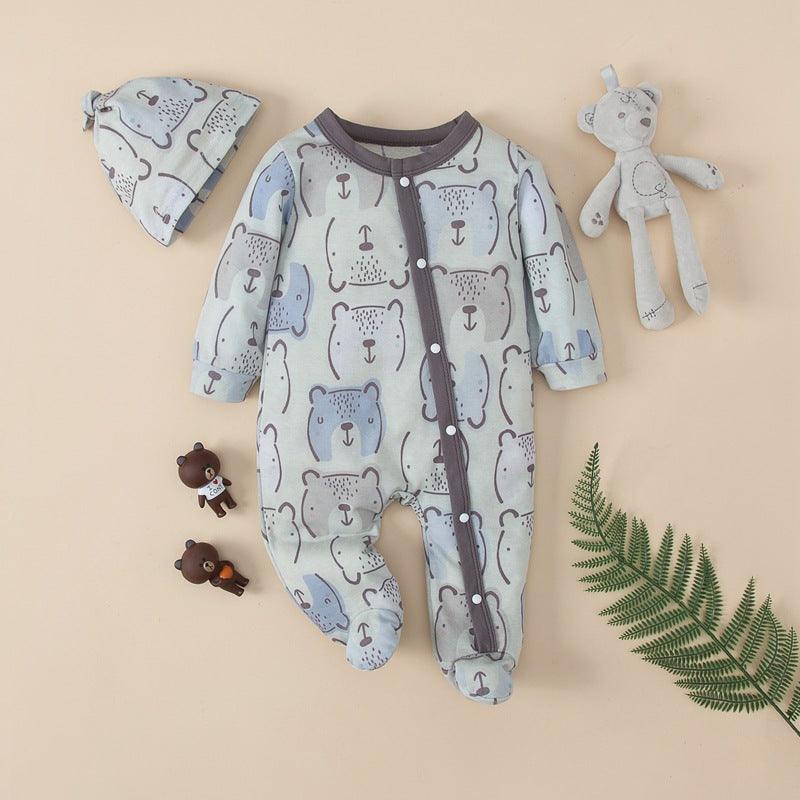 Baby Cartoon Bear Print Slant Placket Wrap Long Sleeved Jumpsuit - PrettyKid