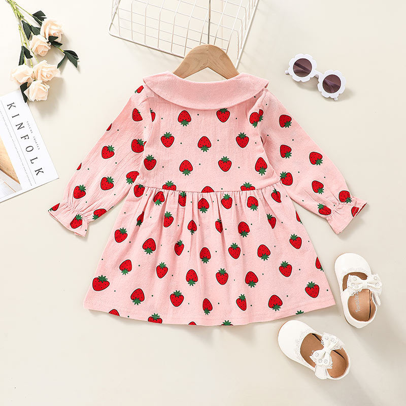 Toddler Kids Pink Strawberry Print Long Sleeve Dress - PrettyKid