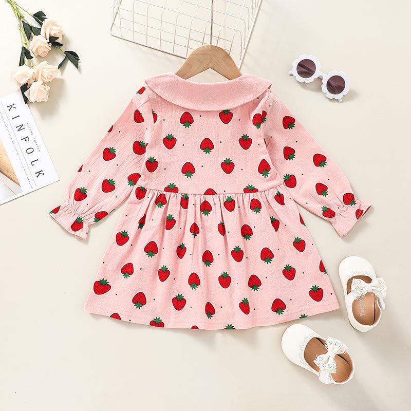 Toddler Kids Pink Strawberry Print Long Sleeve Dress - PrettyKid