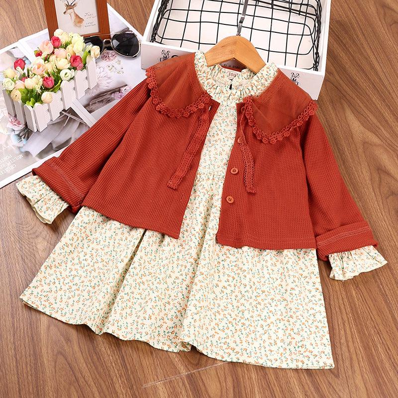 Toddler Kids Girls Floral Print Long-sleeved Dress Solid Color Cardigan Coat Set - PrettyKid