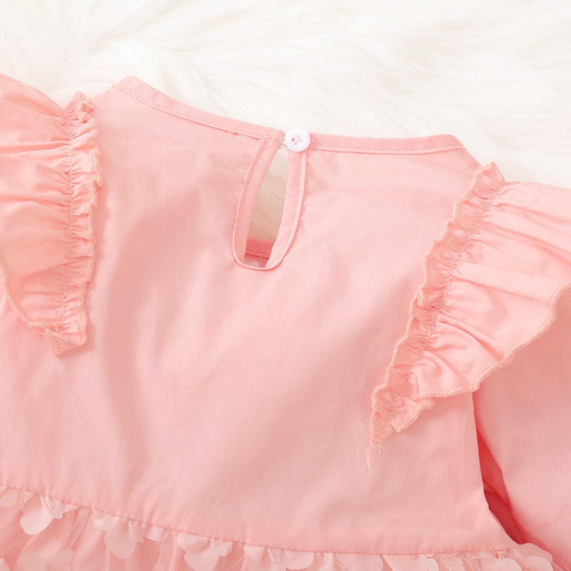 Toddler Kids Girls Pink Butterfly Long Sleeve Mesh Stitching Dress - PrettyKid