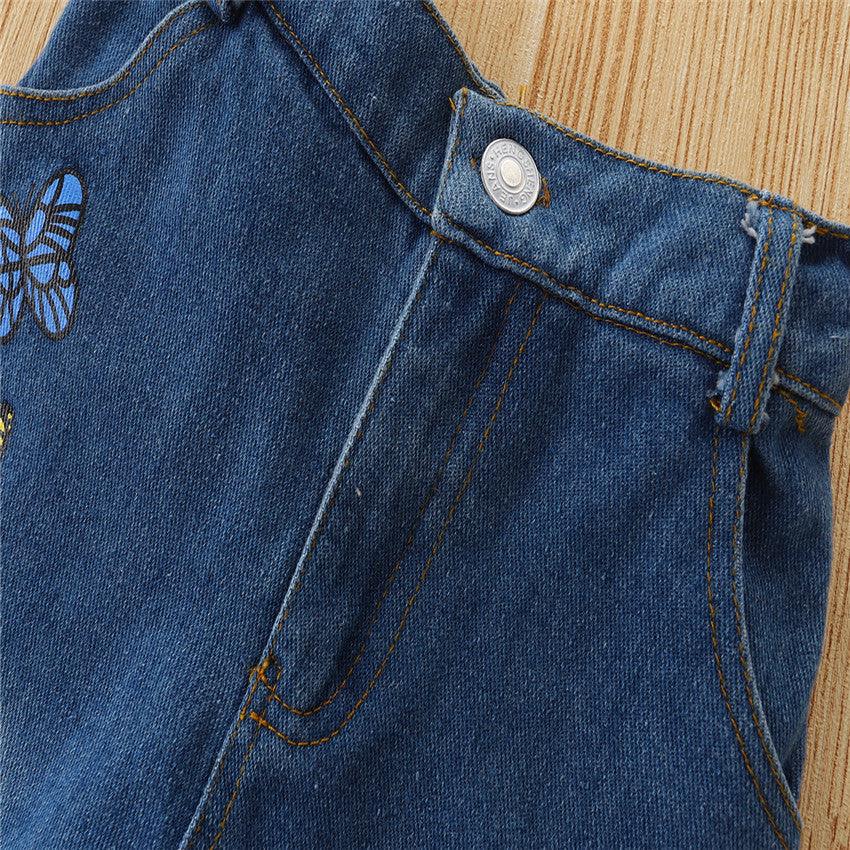 Toddler Kids Girls' Butterfly Embroidered Denim Flared Pants - PrettyKid