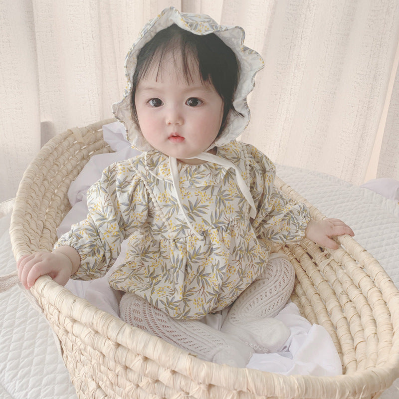 2022 Spring and Autumn Newborn Baby Floral Jumpsuit Long-sleeved Baby Cotton Package Fart Harness Crawling Clothes with Cap - PrettyKid