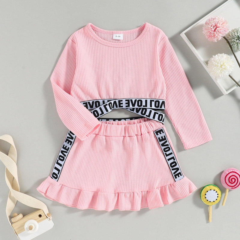 Toddler Kids Girls Solid Color Letters Stitching Long Sleeved Top Ruffle Short Skirt Set - PrettyKid