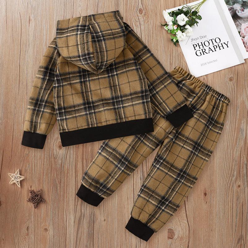 Toddler Kids Boys Khaki Check Print Hooded Long Sleeve Suit - PrettyKid