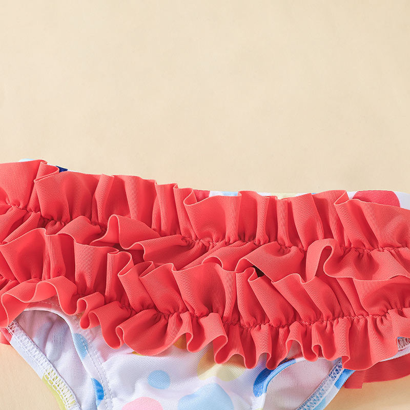 Toddler Kids Girls Solid Wave Dot Print Bow Top Split Swimsuit Set - PrettyKid