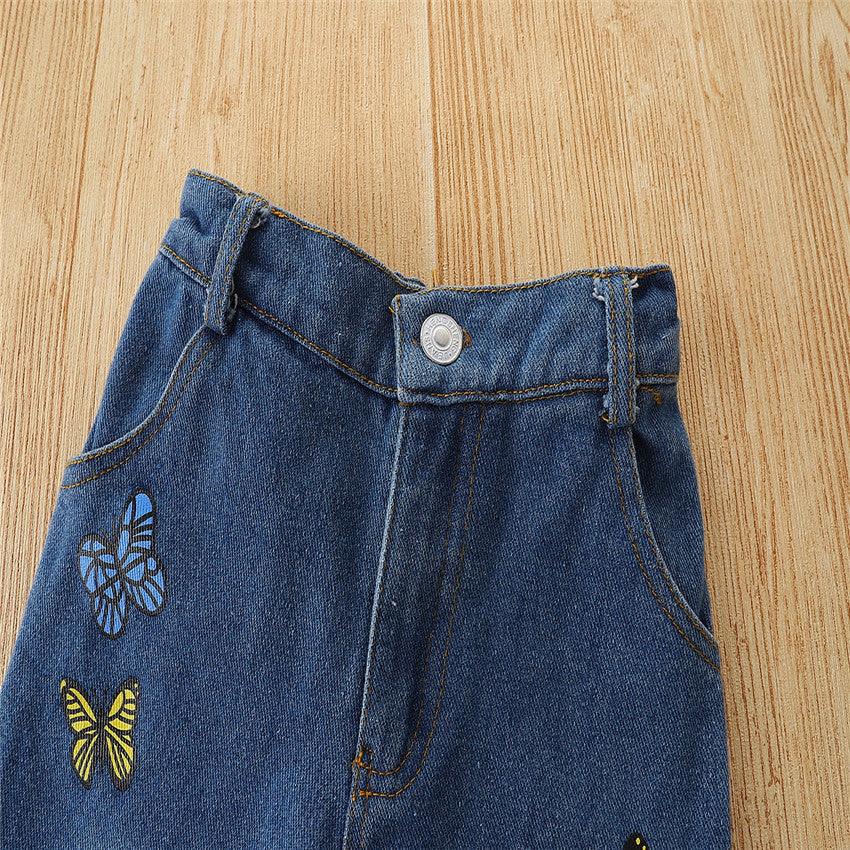 Toddler Kids Girls' Butterfly Embroidered Denim Flared Pants - PrettyKid