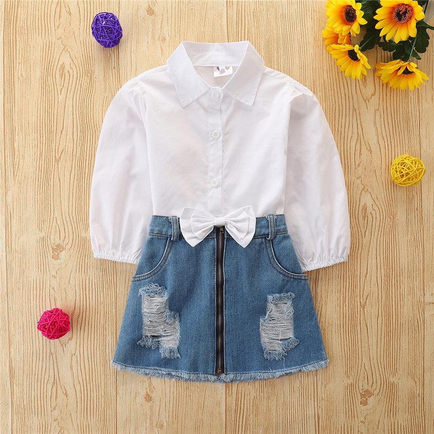 Toddler Kids Girls White Shirt Bow Denim Skirt Set - PrettyKid