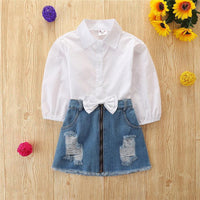 Toddler Kids Girls White Shirt Bow Denim Skirt Set - PrettyKid