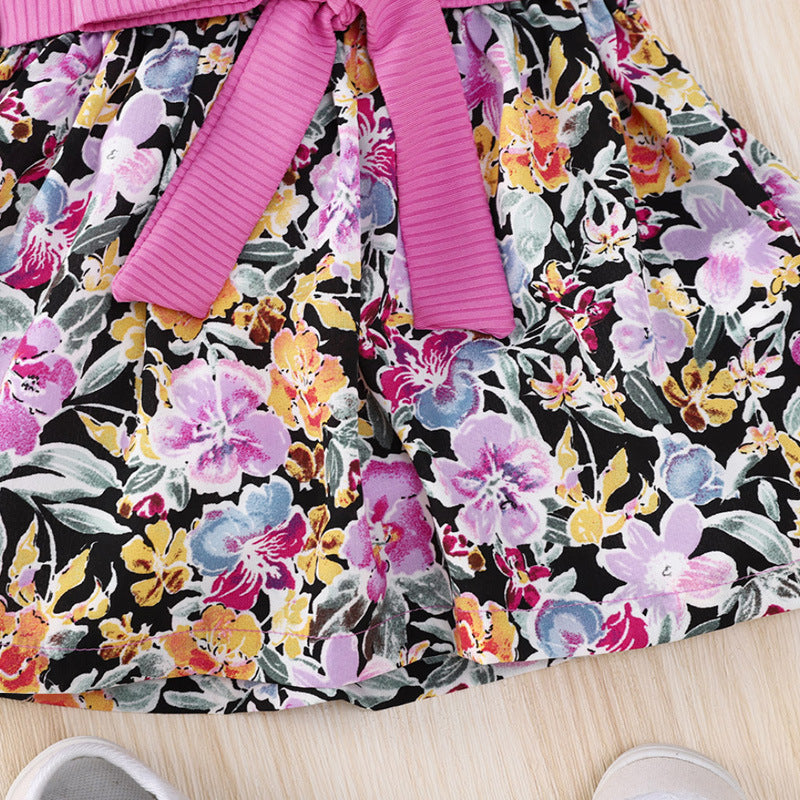 Toddler Kids Girls Purple Sleeveless Suspender Floral Print Skirt Set - PrettyKid
