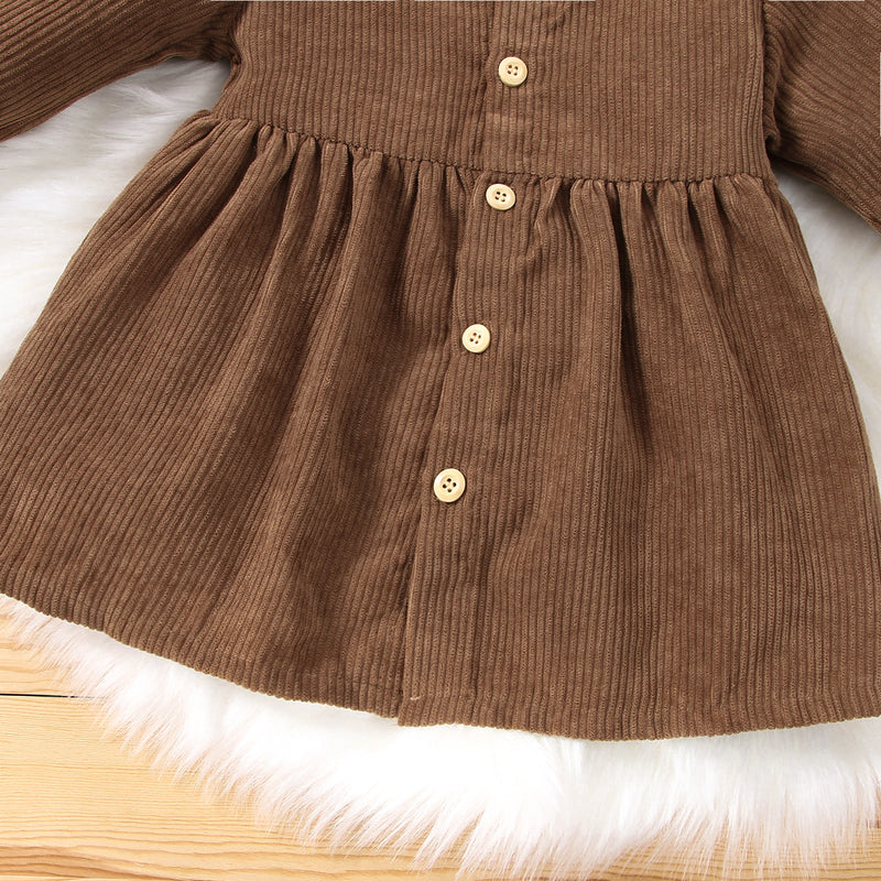 Toddler Kids Girls Solid Color Long Sleeve Button Dress Hairband Two Piece Set - PrettyKid