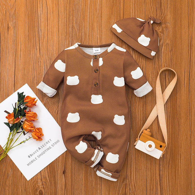 Baby Boys Girls Solid Color Lovely Printed Long Sleeve Jumpsuit Hat Set - PrettyKid