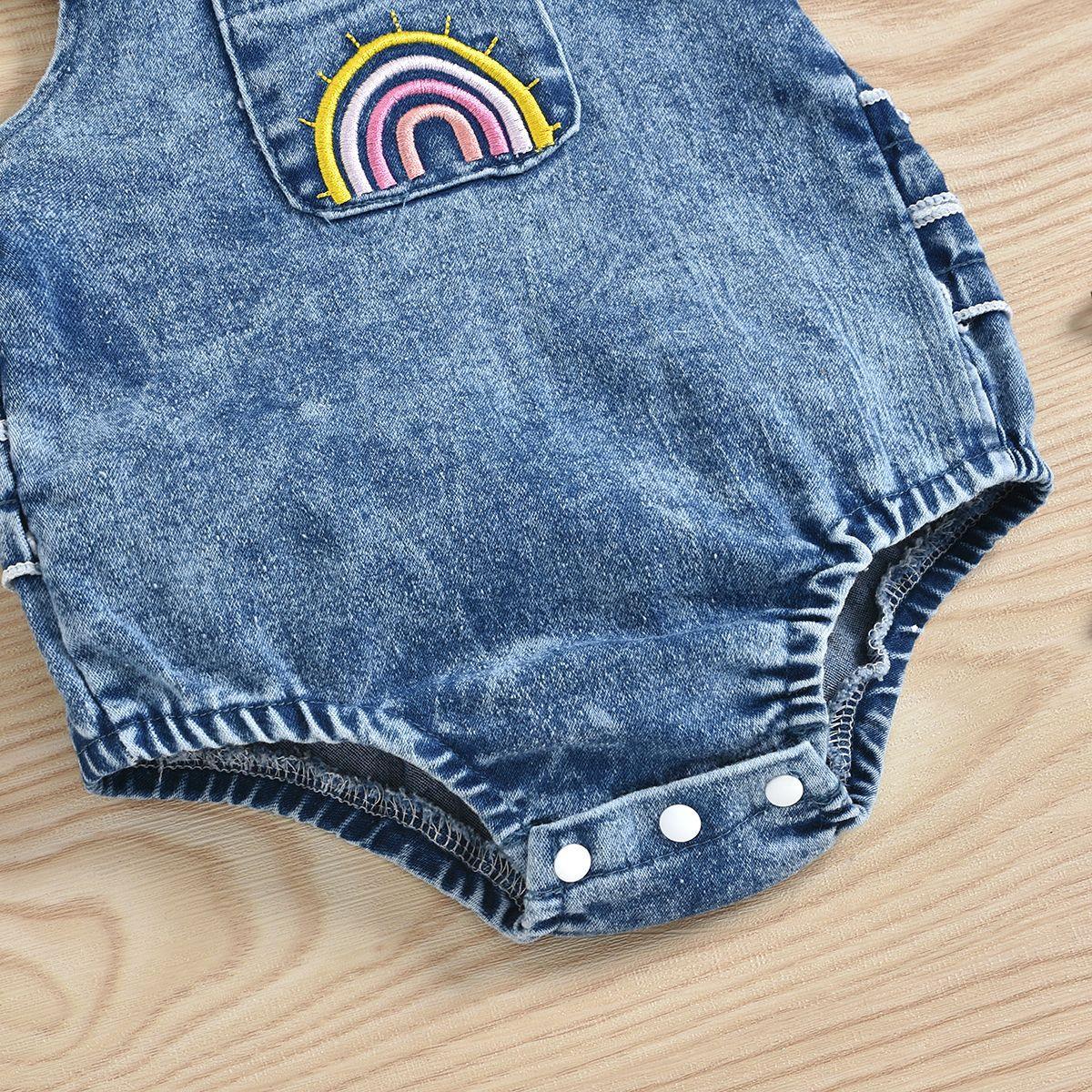 Baby Girls' Denim Rainbow Printed Jumpsuit Suit - PrettyKid