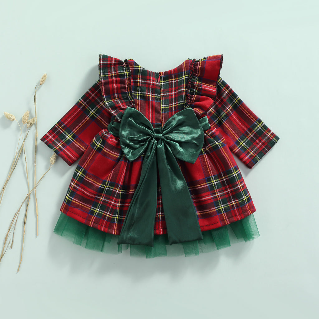 Toddler Kids Girls Long-sleeved Plaid Large Bow Mesh Christmas Dress - PrettyKid