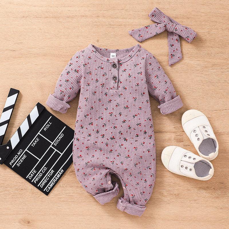 Baby Girls Solid Color Lovely Flower Print Long Sleeve Jumpsuit - PrettyKid