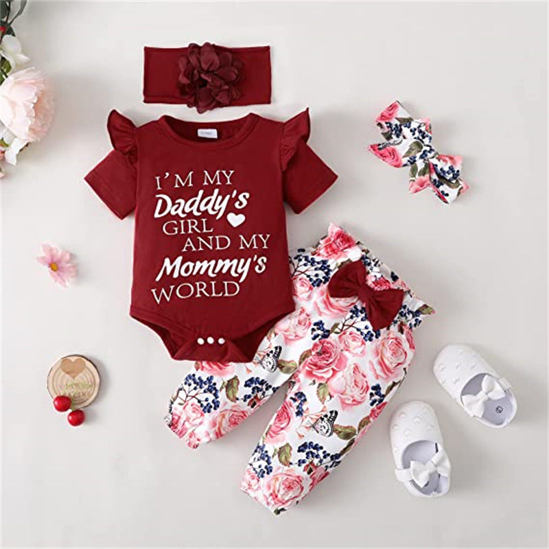 Baby Girls Solid Color Letter Short Sleeved Jumpsuit Flower Print Pants Hair Band Set - PrettyKid