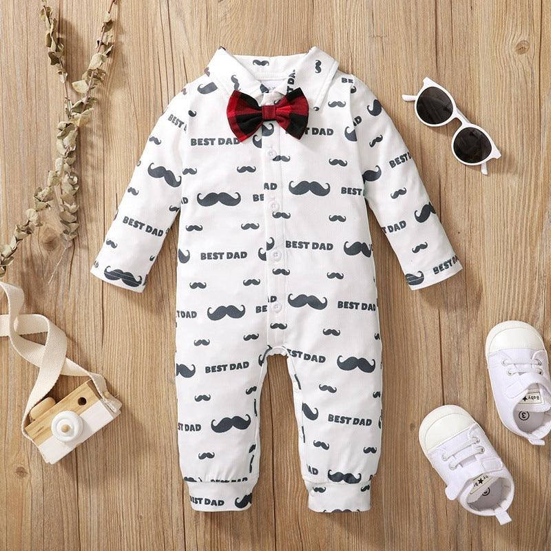 Baby Boys Cartoon Beard Print Bow Tie Bow Tie Long-sleeved Jumpsuit - PrettyKid