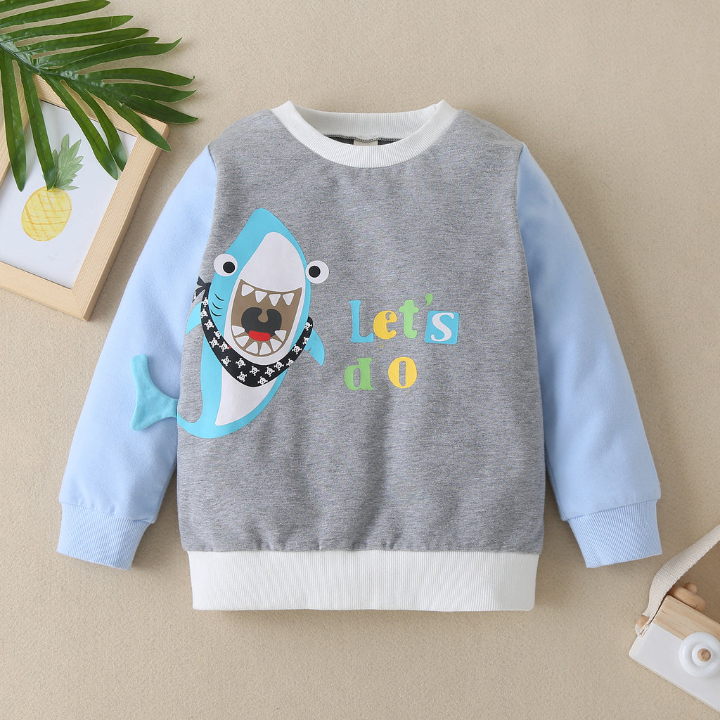 Toddler Kids Boys Solid Cartoon Shark Print Color Blocking Round Neck Long Sleeve Sweater Top - PrettyKid
