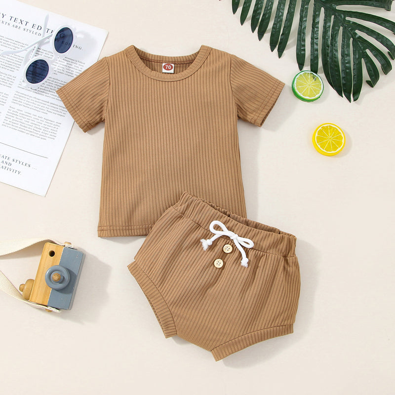 Toddler Boys Summer Solid Color Knitted Round Neck Short Sleeve Shorts Two-piece Set - PrettyKid