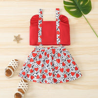 Toddler Kids Girl Solid Letter Love Printing Suspender Top Short Skirt Valentine's Day Set - PrettyKid