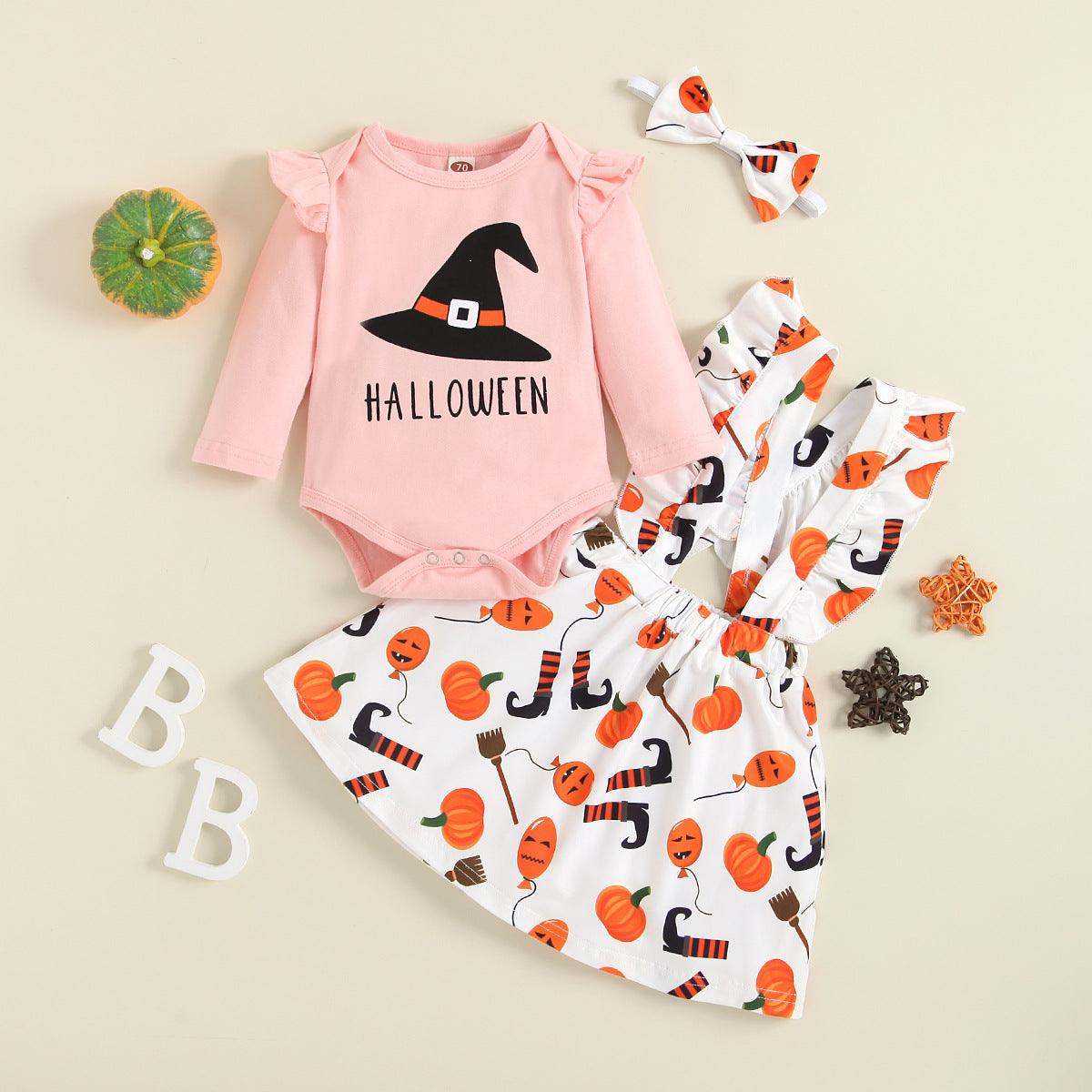 Baby Girls Halloween Long Sleeve Printed Strap Skirt Three Piece Set - PrettyKid