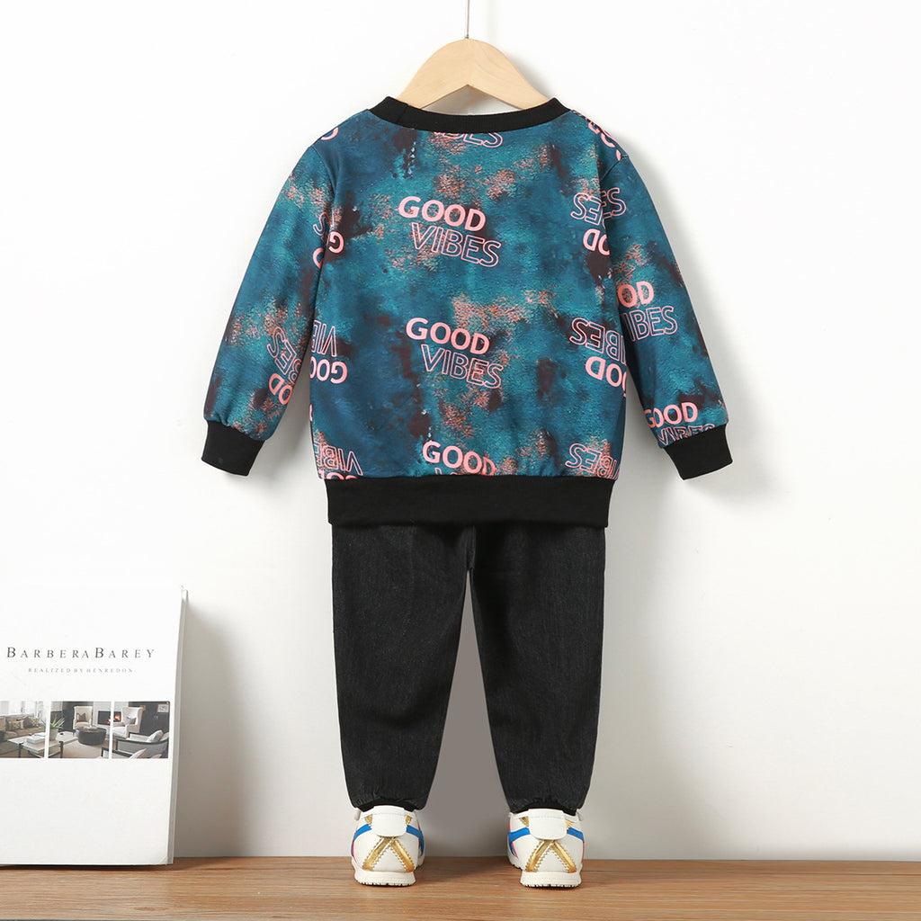 Toddler Kids Boys Tie-dye Letter Print Sweater Long-sleeved Pants Set - PrettyKid