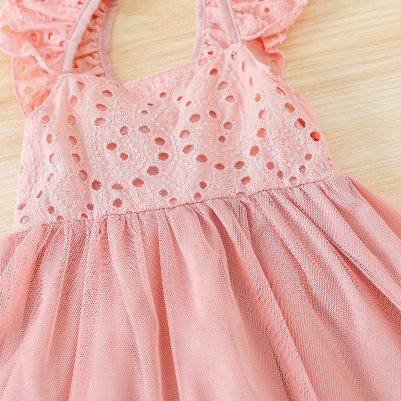 Toddler Kids Girls Solid Color Sleeveless Hollow Polka Dot Lace Mesh Splicing Dress - PrettyKid