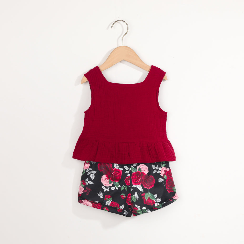 Toddler Kids Girls Burgundy Sleeveless Button Tank Top Flower Print Shorts Set - PrettyKid