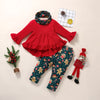 Girls' Solid Color Long Sleeved Shirt Printed Trousers Christmas Suit - PrettyKid