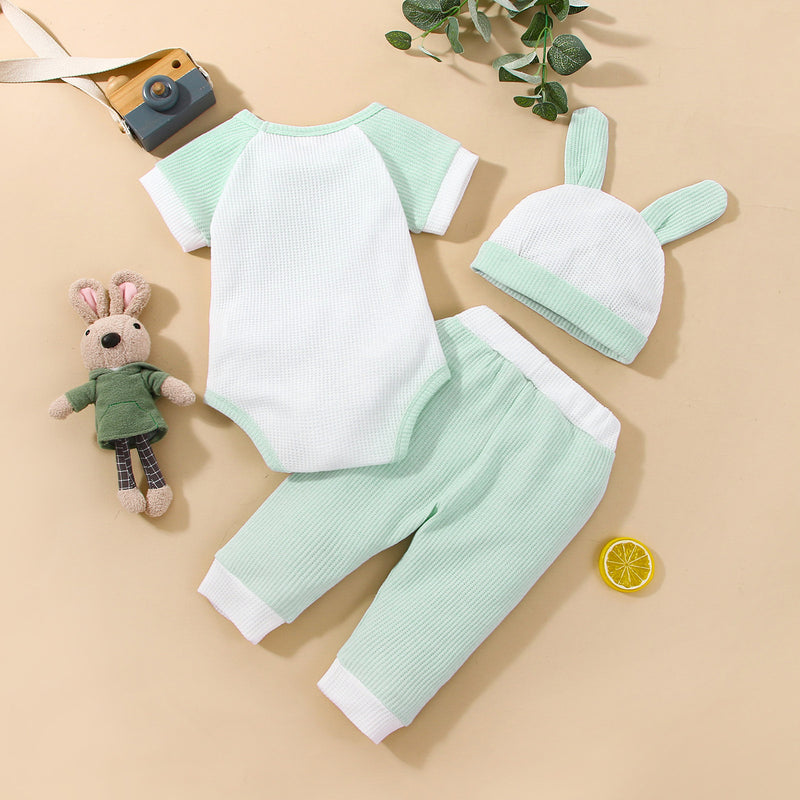Baby Boys Girl Color Blocking Cartoon Rabbit Short Sleeve Round Neck Romper Pants Hat Set - PrettyKid