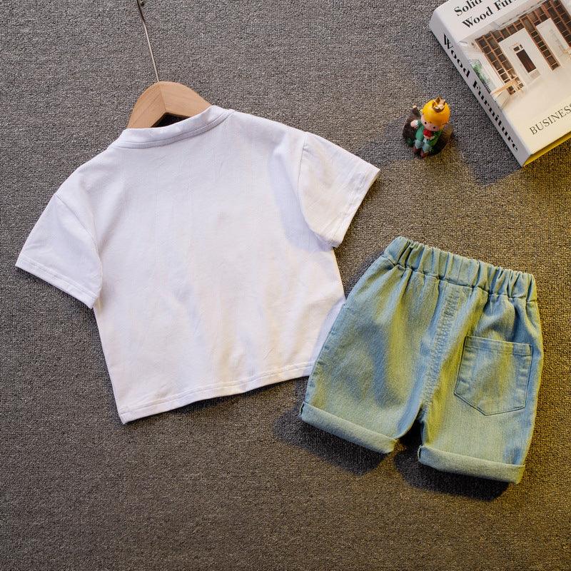 9M-4Y Round Neck Bear Print Short-Sleeved T-Shirt Casual Denim Shorts Two-Piece Set Wholesale Baby Clothes - PrettyKid