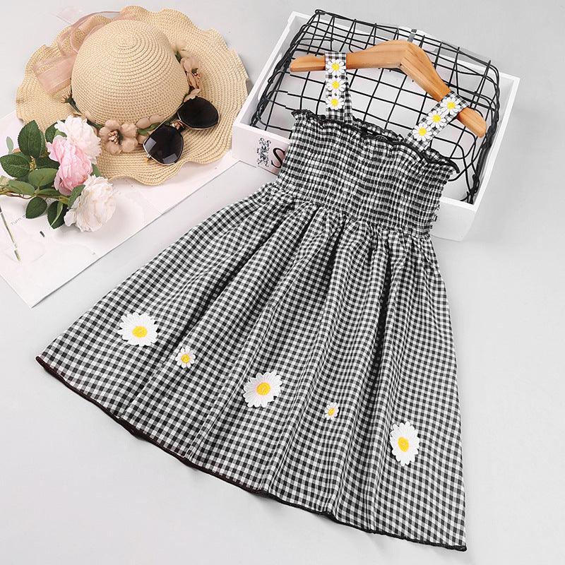 Toddler Kids Girls Summer Solid Color Daisy Plaid Sheath Camisole Dress - PrettyKid