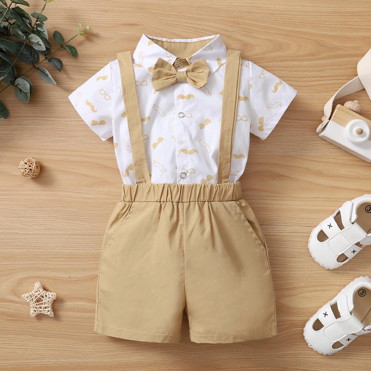 Baby Boys Cartoon Beard Printed Short-sleeved Shirt Solid Color Backpack Pants Bow Tie Set - PrettyKid