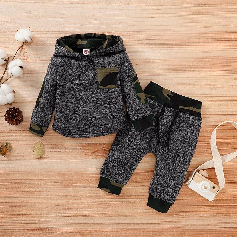 Toddler Kids Boys Plaid Camouflage Patchwork Hooded Sweatshirt Black Suit - PrettyKid