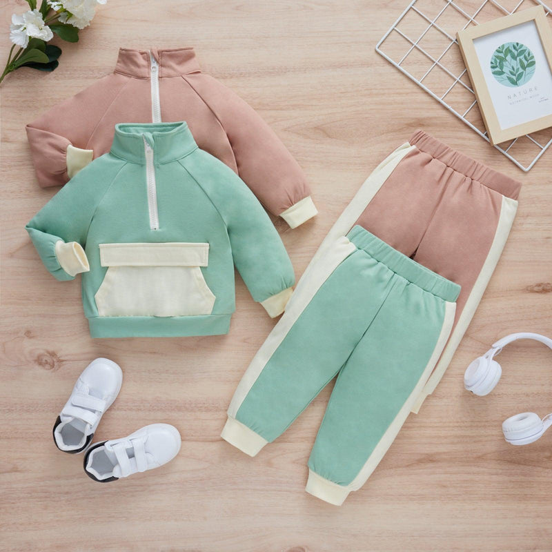 Toddler Kids Boys Girls Solid Color Zipper Pocket Color Blocking Long-sleeved Suit Children's Sportswear - PrettyKid