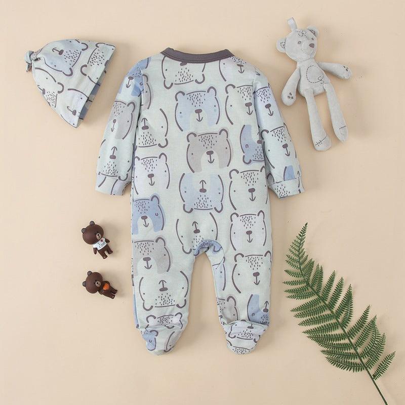 Baby Cartoon Bear Print Slant Placket Wrap Long Sleeved Jumpsuit - PrettyKid