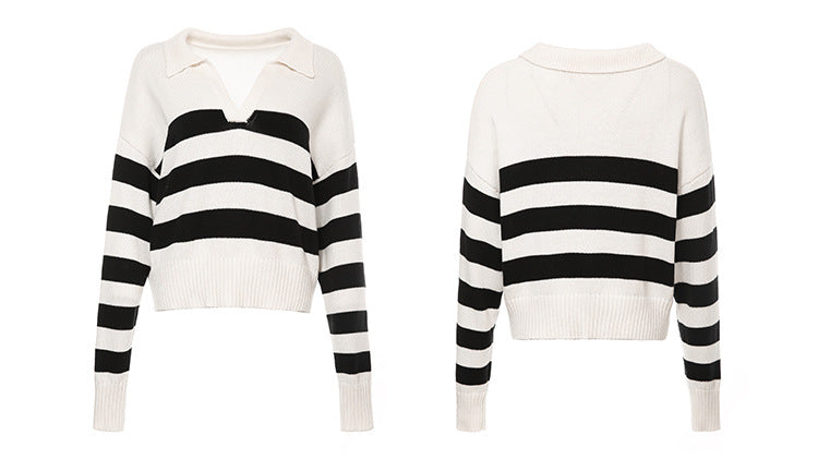 Women Stripes V-neckline Sweater - PrettyKid